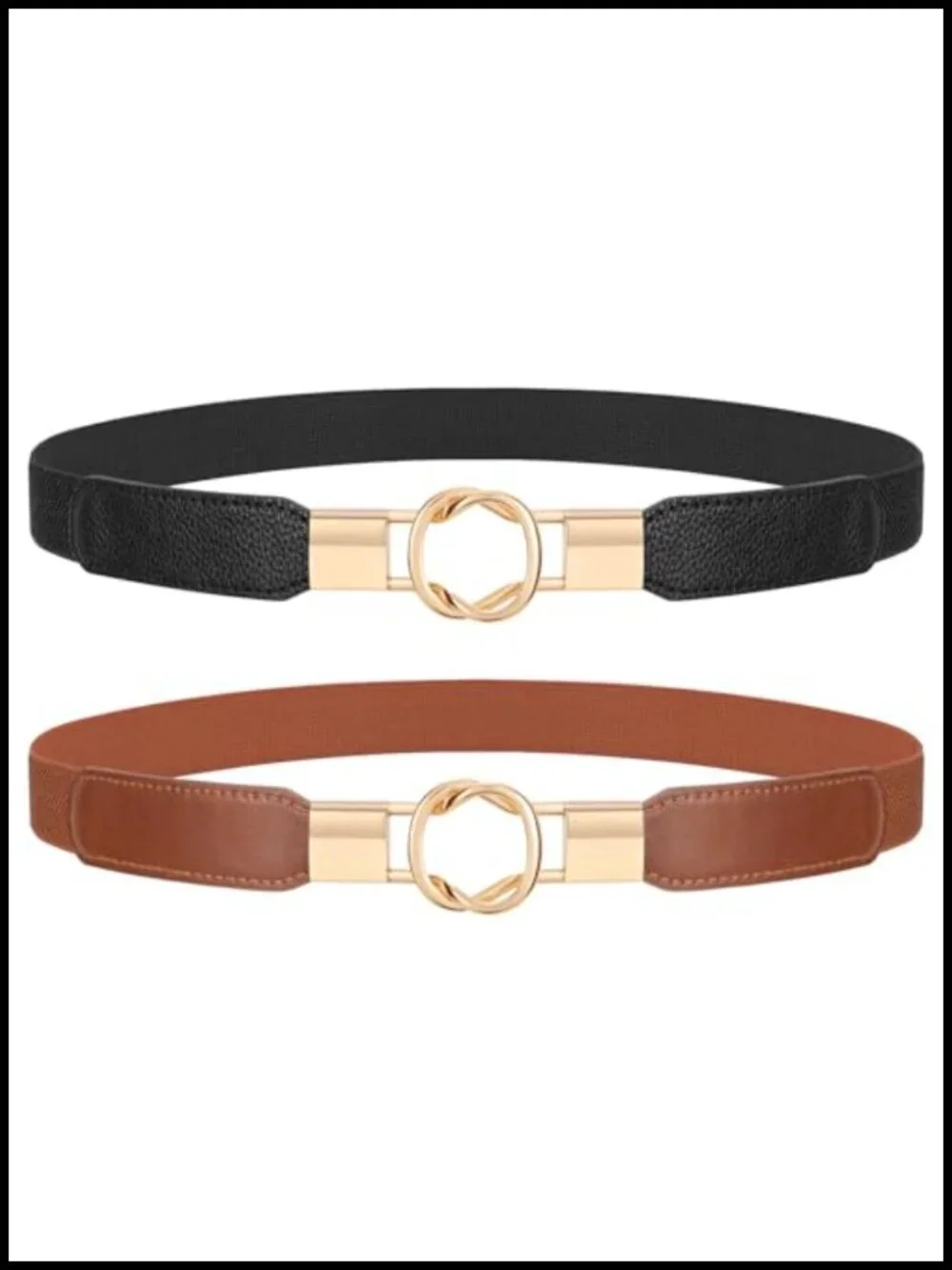 Elastic Stretchy Skinny Waist Belt with Metal Buckle Faux Leather